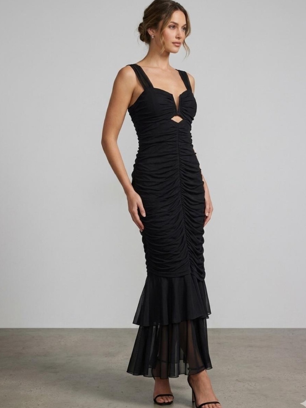 Mable Black Ruched Mesh Fish Tale Dress🖤